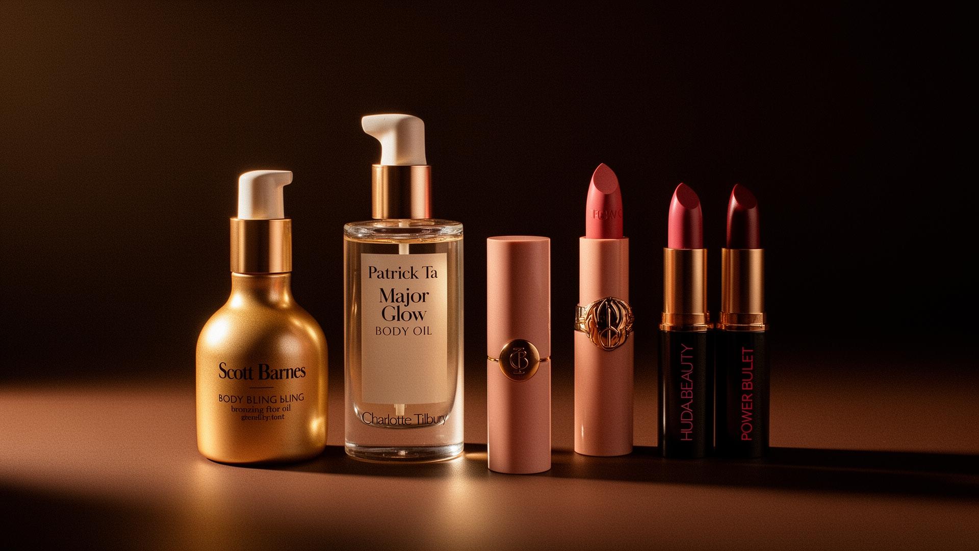 Editorial still life of Charlotte Tilbury, Patrick Ta, Scott Barnes and Huda Beauty cosmetics